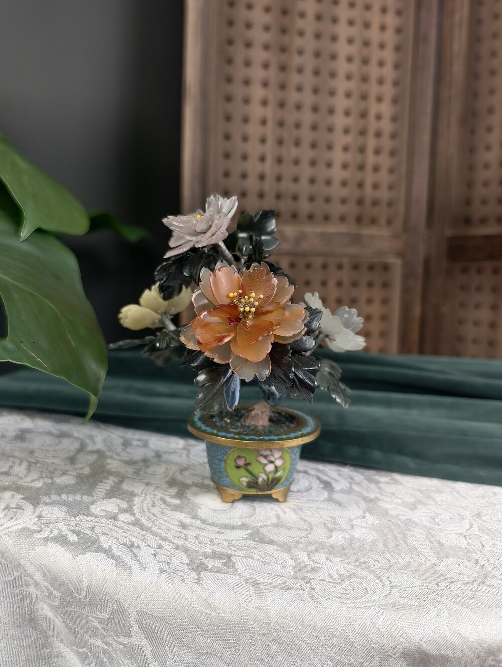 Vintage Chinese "Jade" Flower Tree — Natural Stone Blossoms in Cloissone Pot